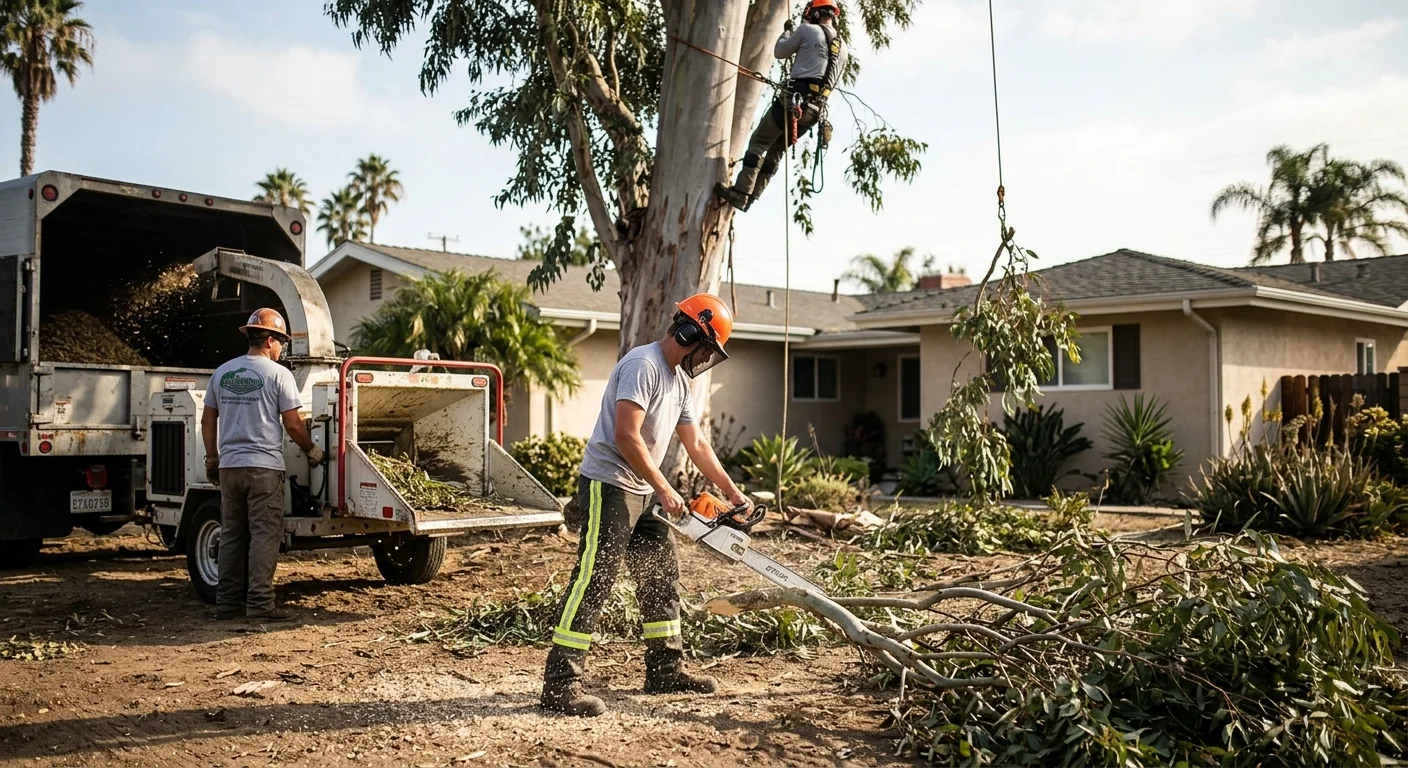 Tree crew clearing dense brush from a residential lot in Port Hueneme