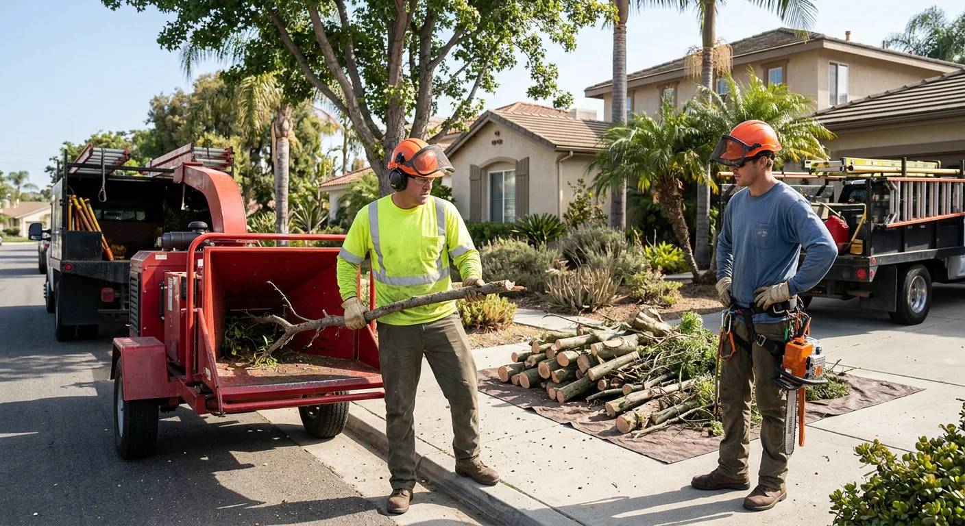 Crew clearing dense brush and hauling debris from a Port Hueneme residential lot
