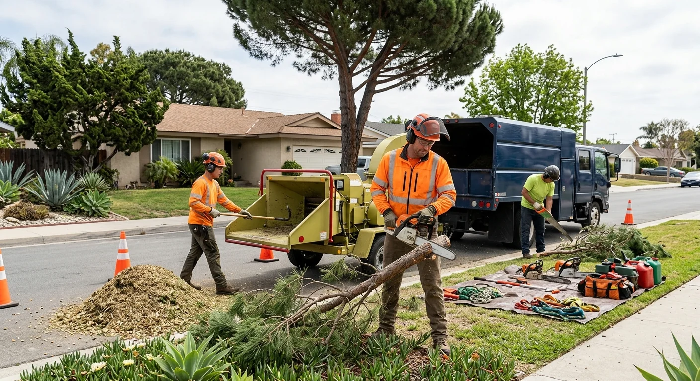 Tree service crew clearing brush and chipping debris on a cleared Port Hueneme lot