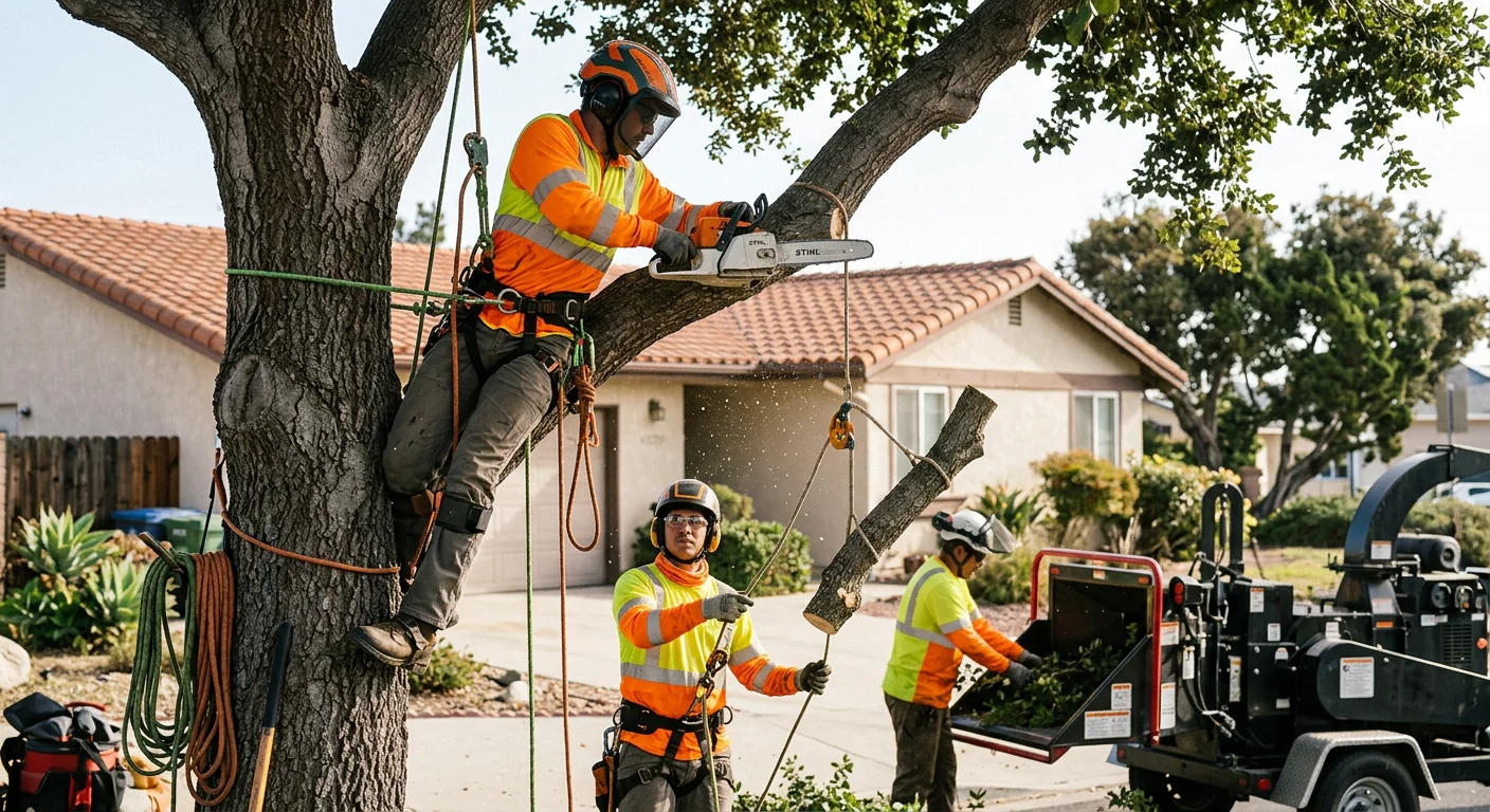 Crane operator reviewing a lift plan beside a large tree in Port Hueneme