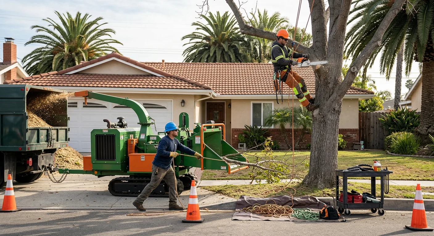 Crane lifting a large removed tree section over a residential Port Hueneme property
