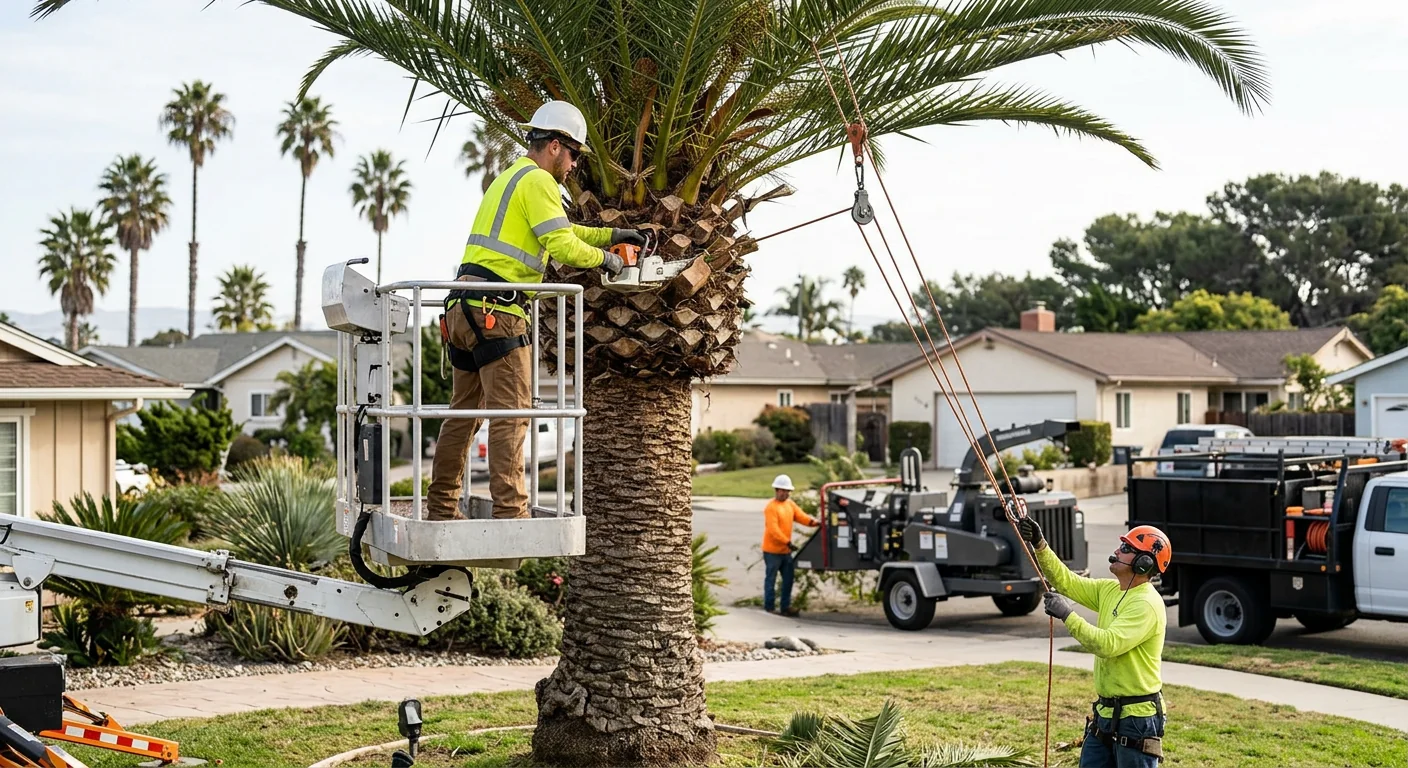 Hydraulic crane lifting a large tree section from a Port Hueneme backyard