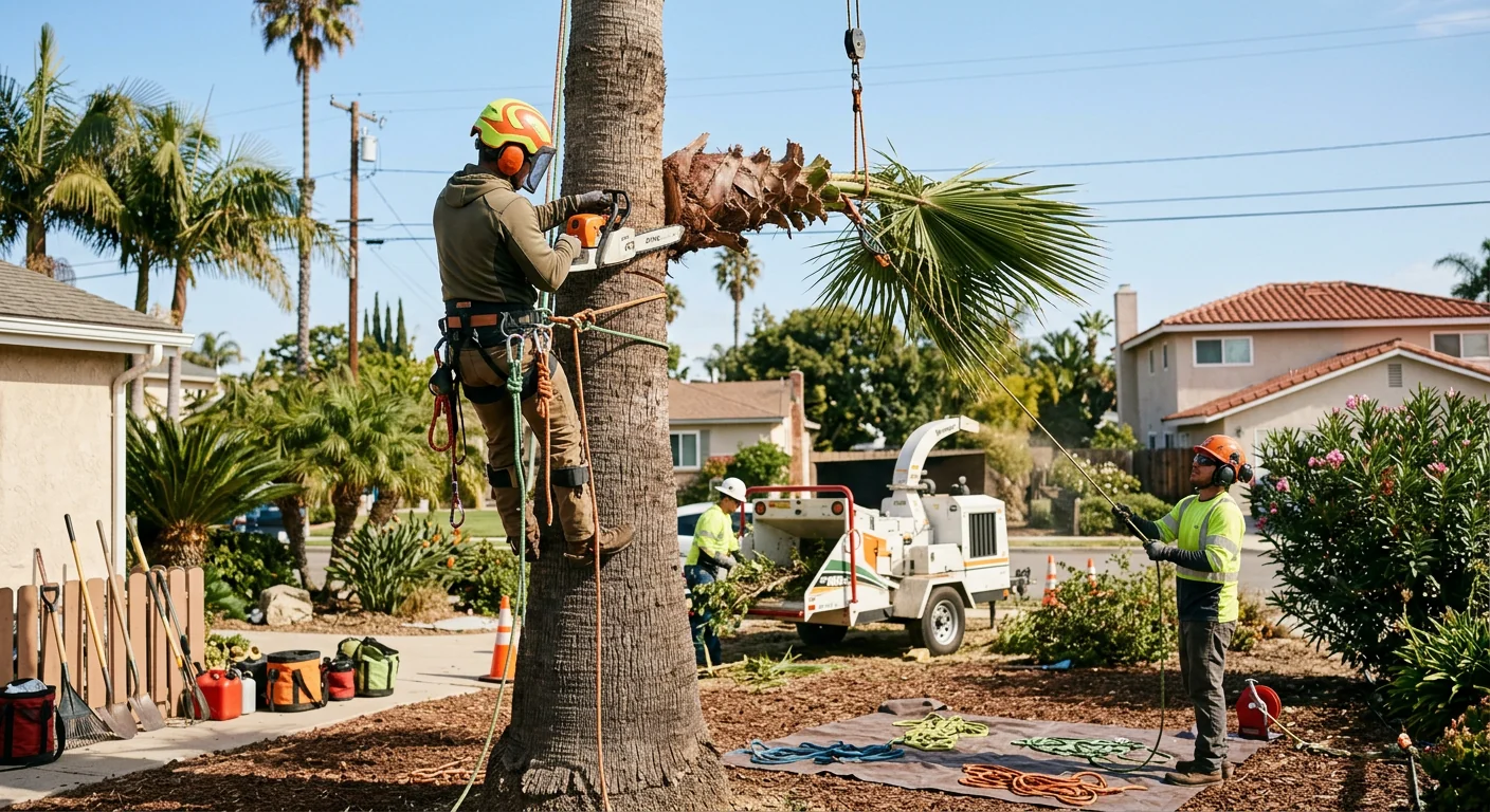 Crane operator and climber coordinating a large tree removal in Port Hueneme