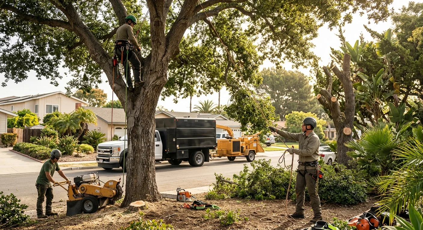 Arborist evaluating a fallen tree for emergency removal in Port Hueneme