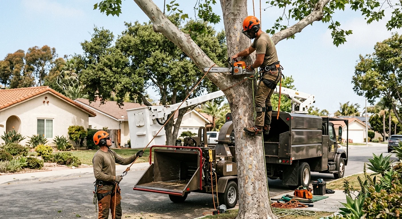 Emergency tree crew assessing a storm-damaged tree near a Port Hueneme home