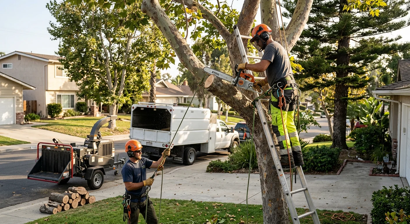 Crew clearing a storm-damaged tree from a Port Hueneme residential property
