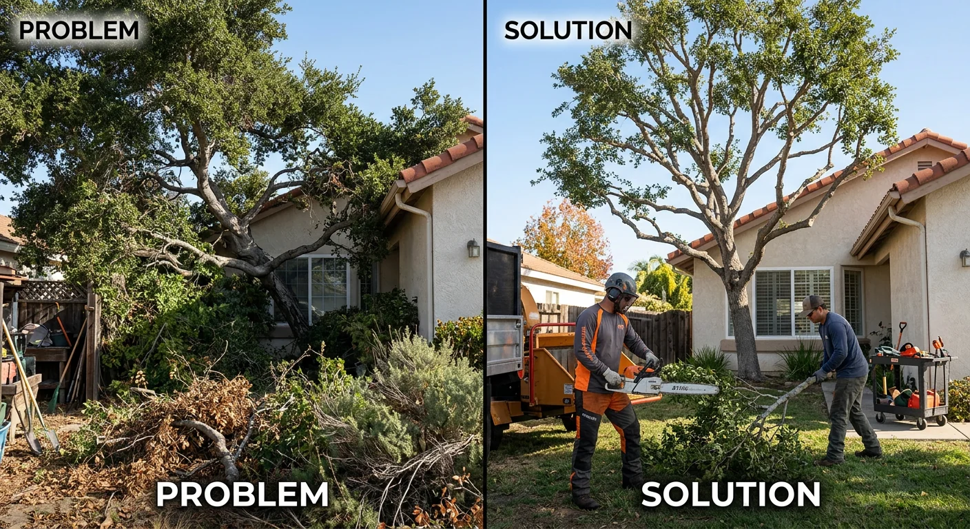 Storm-damaged tree leaning against a home in Port Hueneme awaiting emergency removal