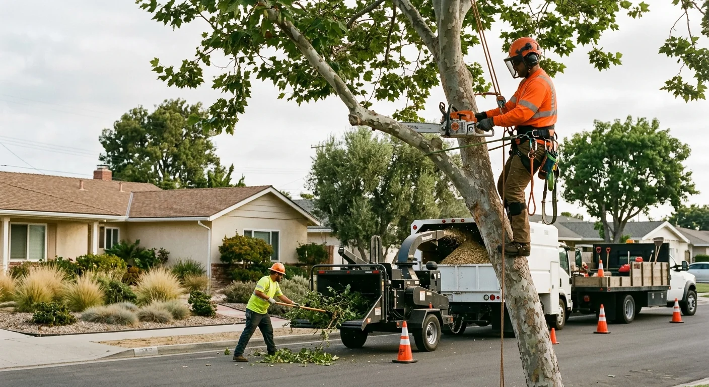 Arborist crew performing rigged emergency tree removal near a Port Hueneme home
