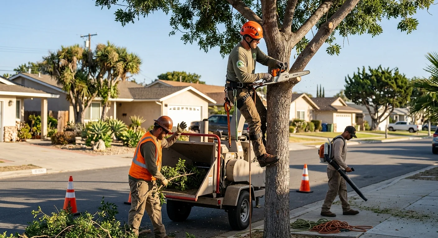 Crew evaluating a hazardous tree for removal pricing at a Port Hueneme property