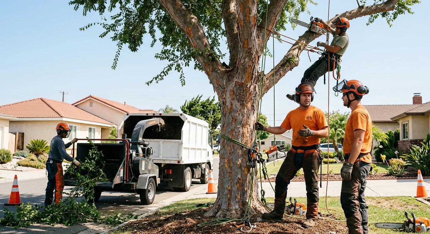 Certified arborist inspecting a hazardous leaning tree beside a Port Hueneme home