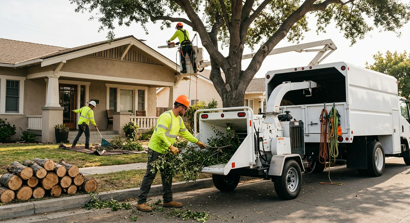 Arborist performing sectional hazardous tree removal near a home in Port Hueneme