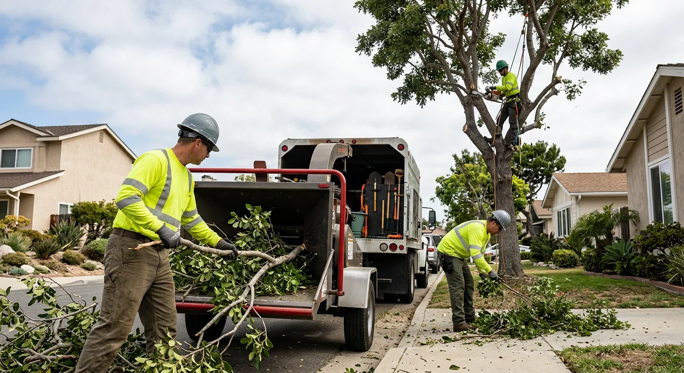 Arborist inspecting a leaning decayed tree near a home in Port Hueneme