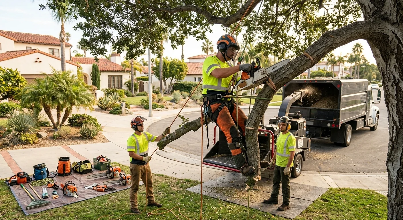 Crew performing controlled hazardous tree removal with rigging in Port Hueneme