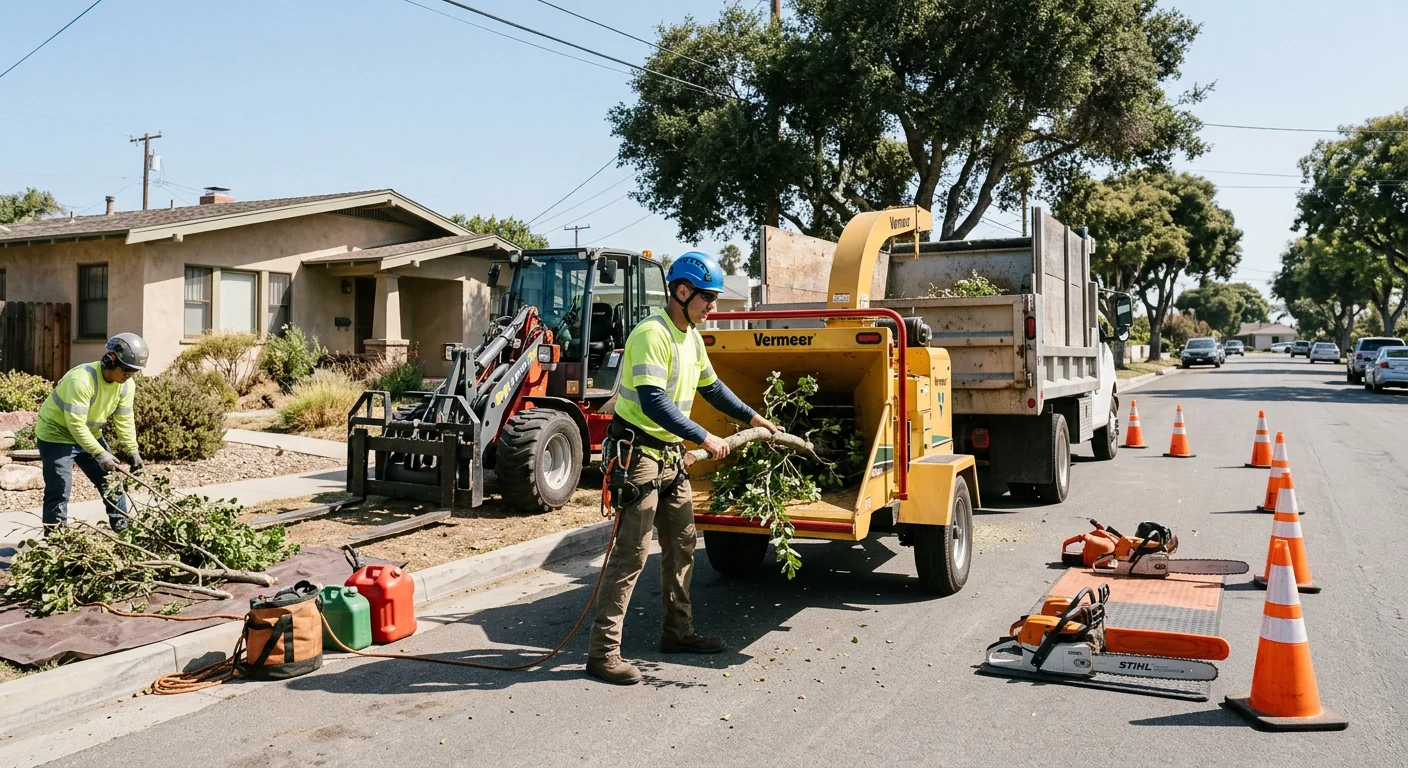 Crew clearing brush and small trees from a residential lot in Port Hueneme