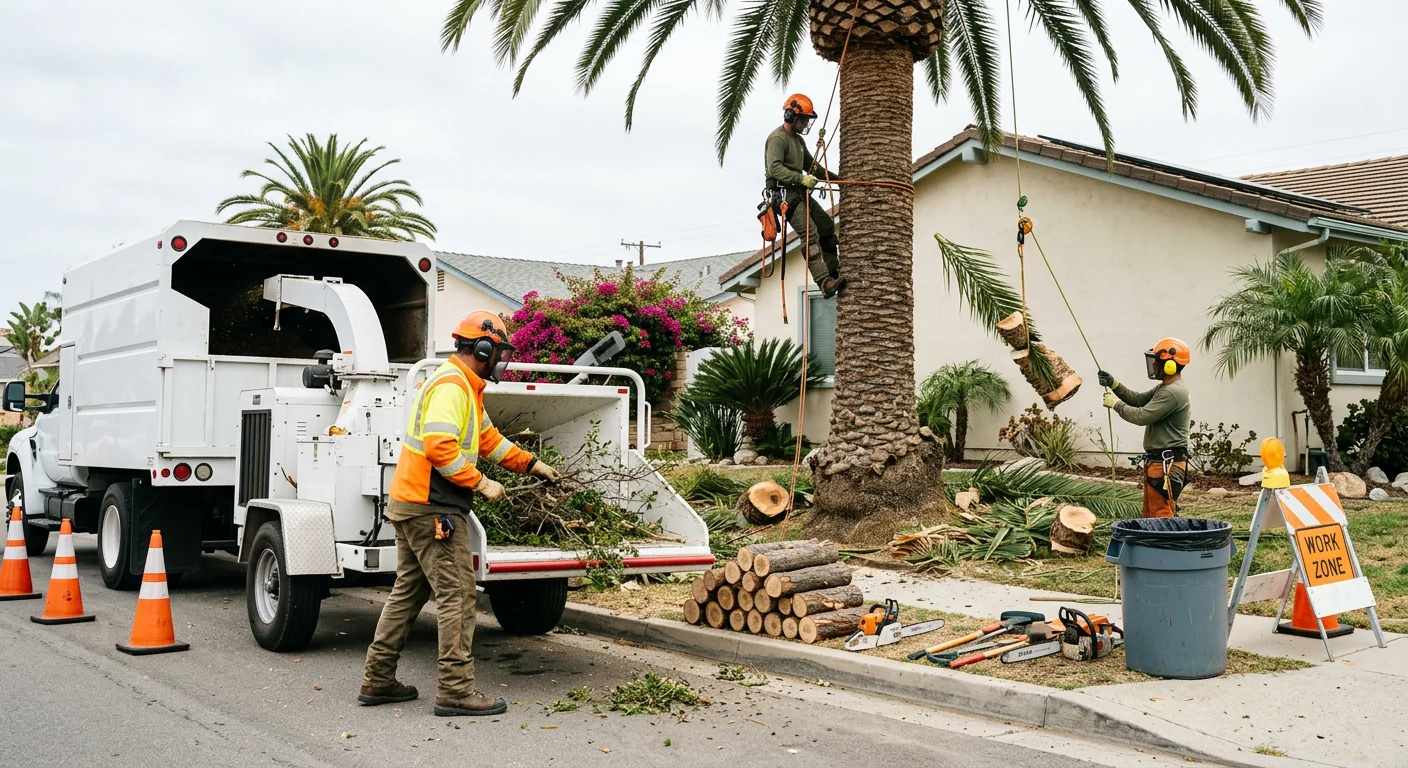 Storm-damaged tree limbs being cleared from a Port Hueneme residential property