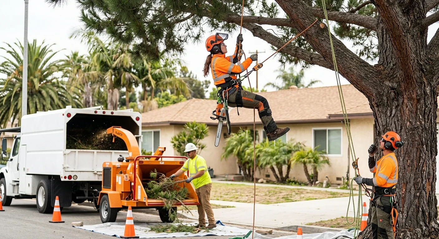 Crew clearing fallen storm-damaged trees from a Port Hueneme residential yard