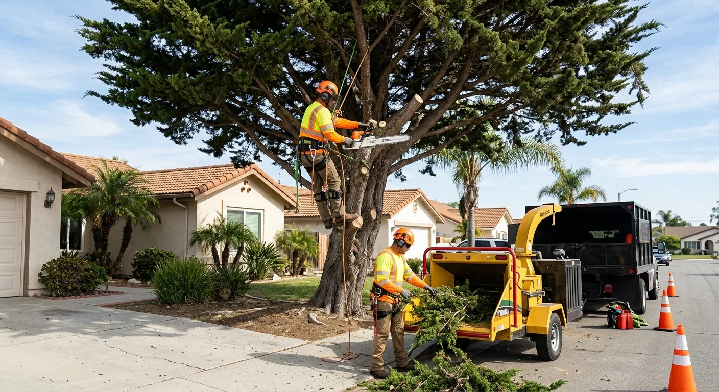 Fallen storm-damaged tree limbs blocking a residential driveway in Port Hueneme