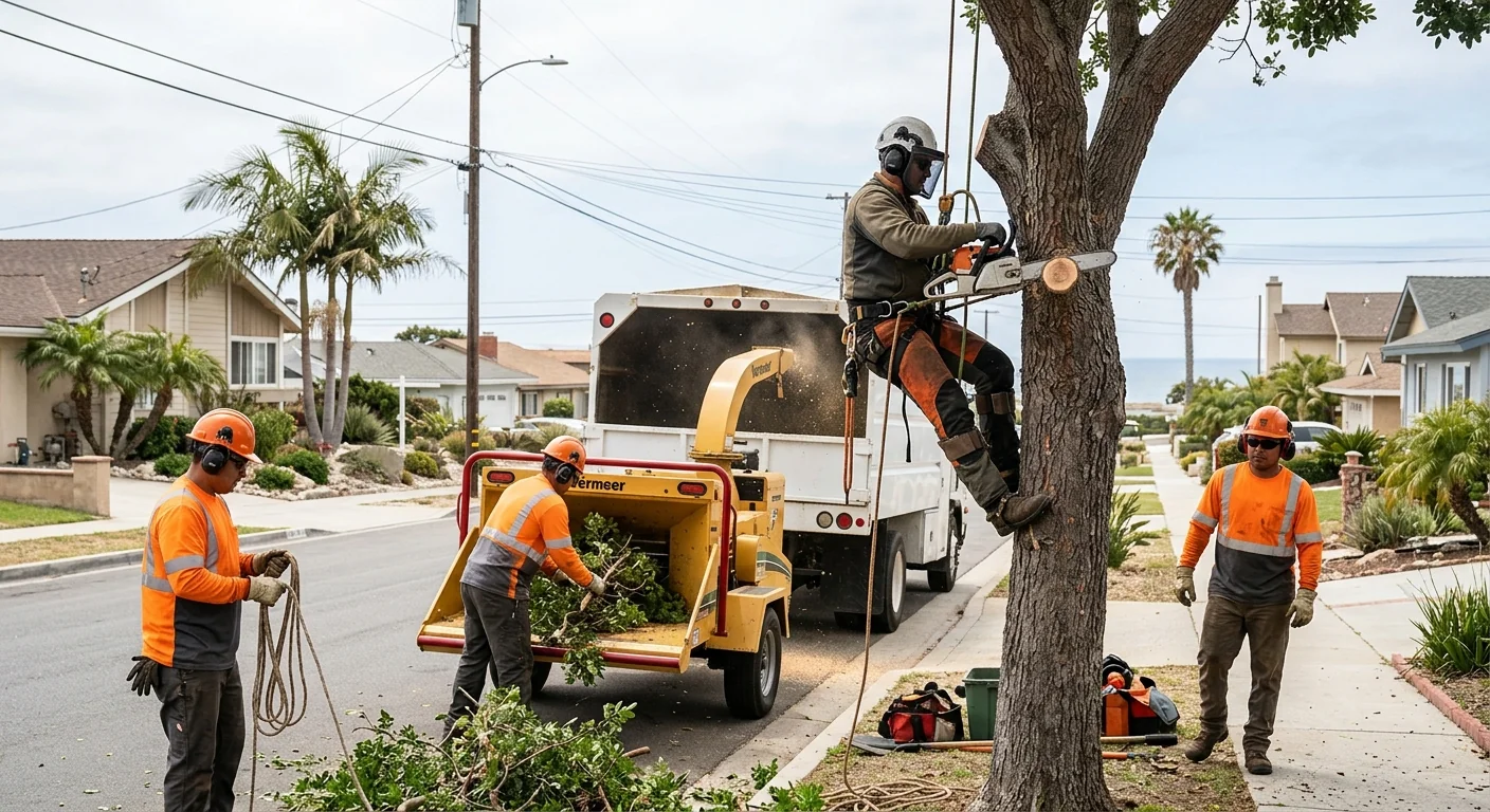 Professional crew clearing storm-damaged trees with rigging equipment in Port Hueneme