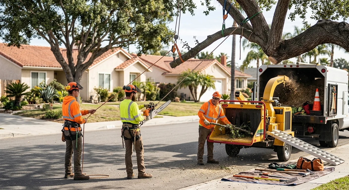 Close-up of stump grinder cutting wheel reducing a hardwood stump in Port Hueneme