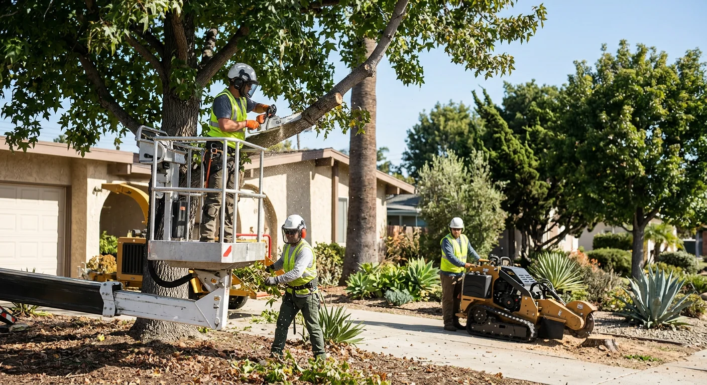 Stump grinder removing a large tree stump in a Port Hueneme backyard