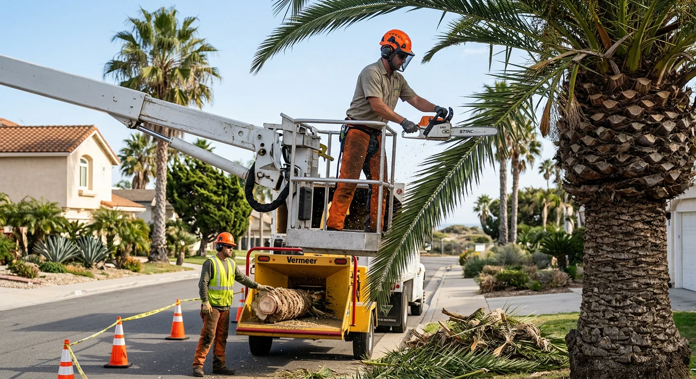 Operator grinding a residential tree stump below grade in Port Hueneme yard