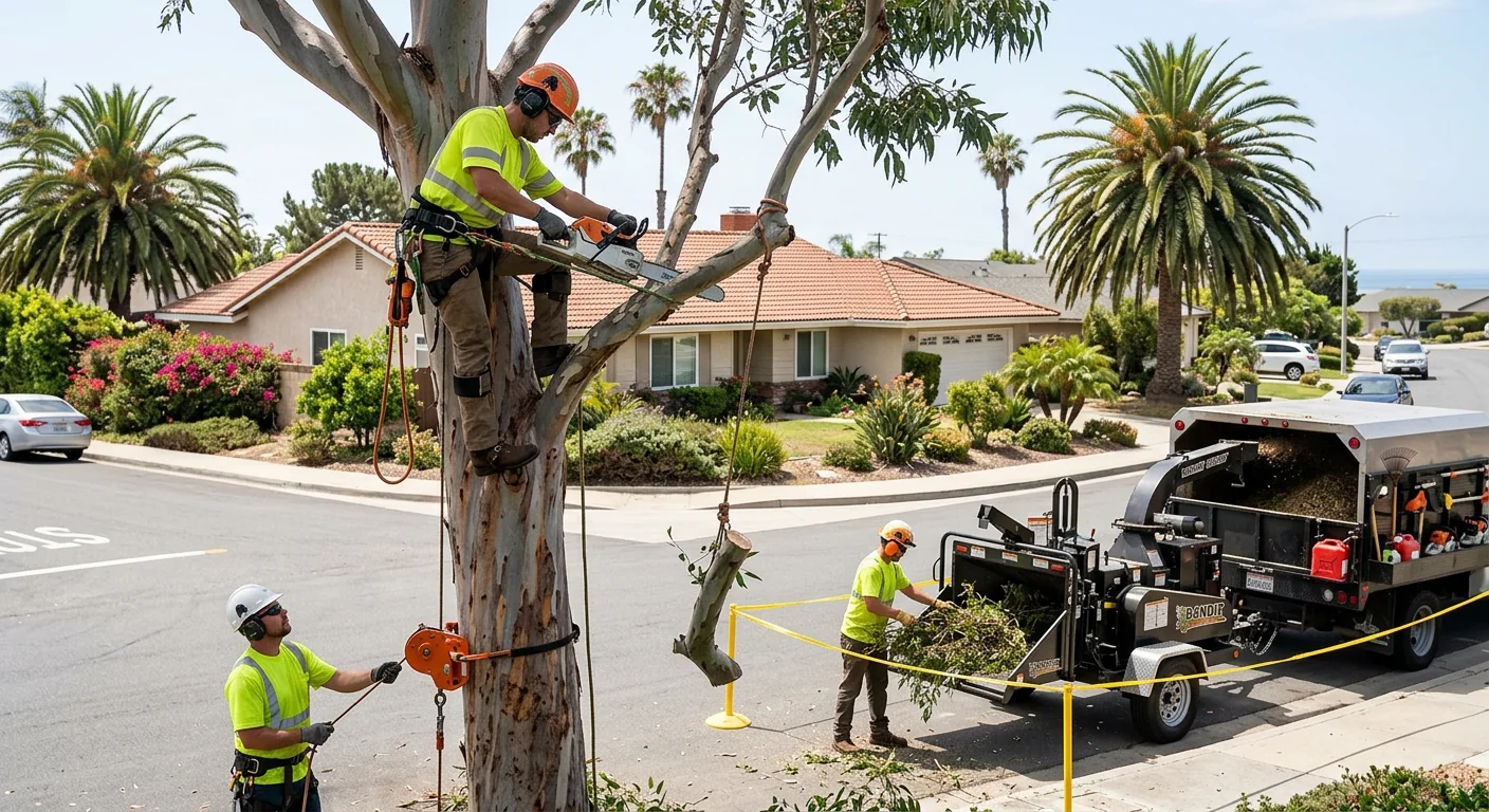 Track-mounted stump grinder reducing a stump below grade on a Port Hueneme property