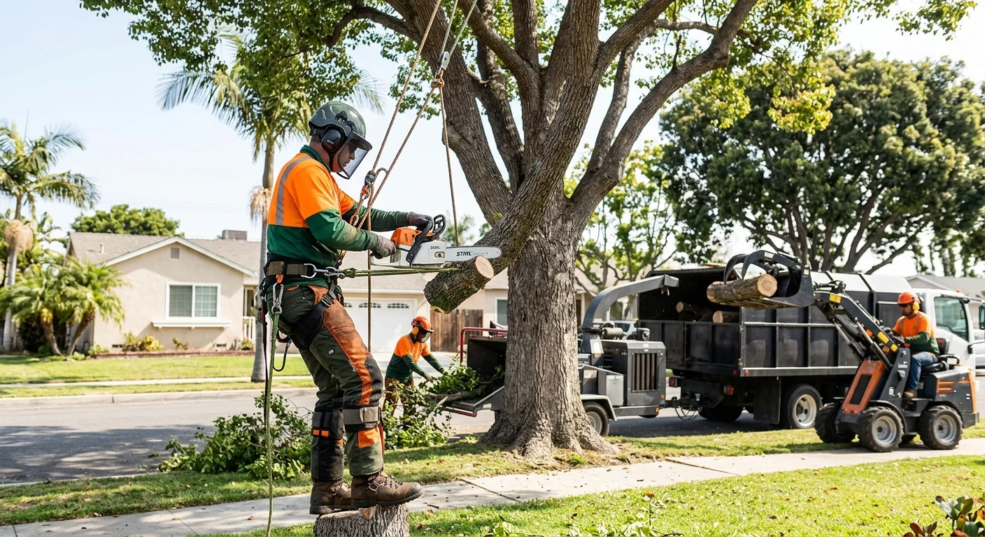 Arborist installing support cable in a mature tree canopy in Port Hueneme