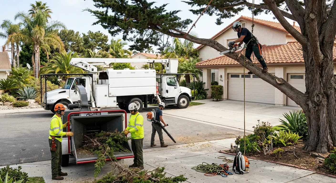 Arborist inspecting a codominant tree union before cabling work in Port Hueneme
