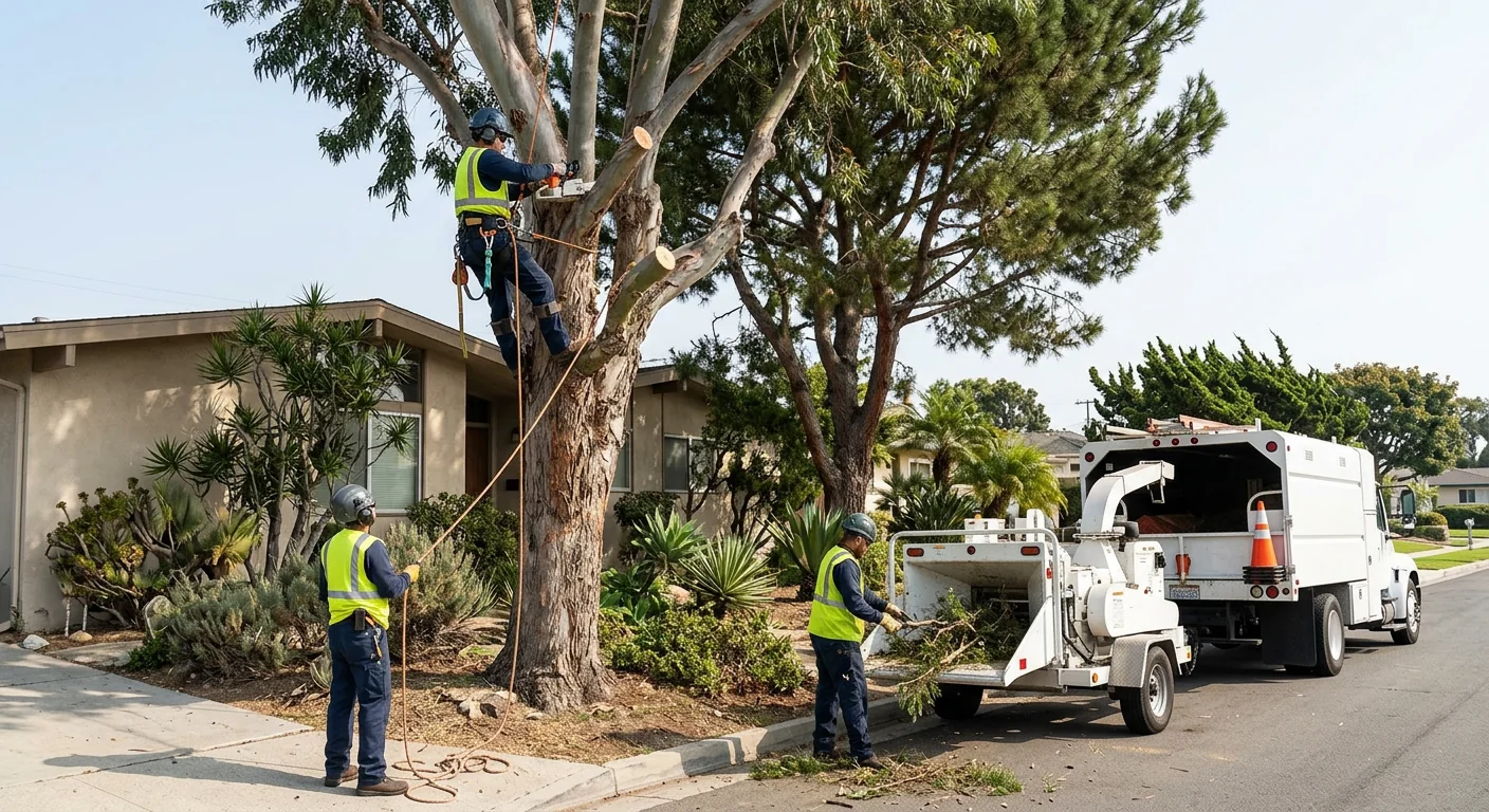 Installed support cable stabilizing a mature tree canopy on a Port Hueneme property