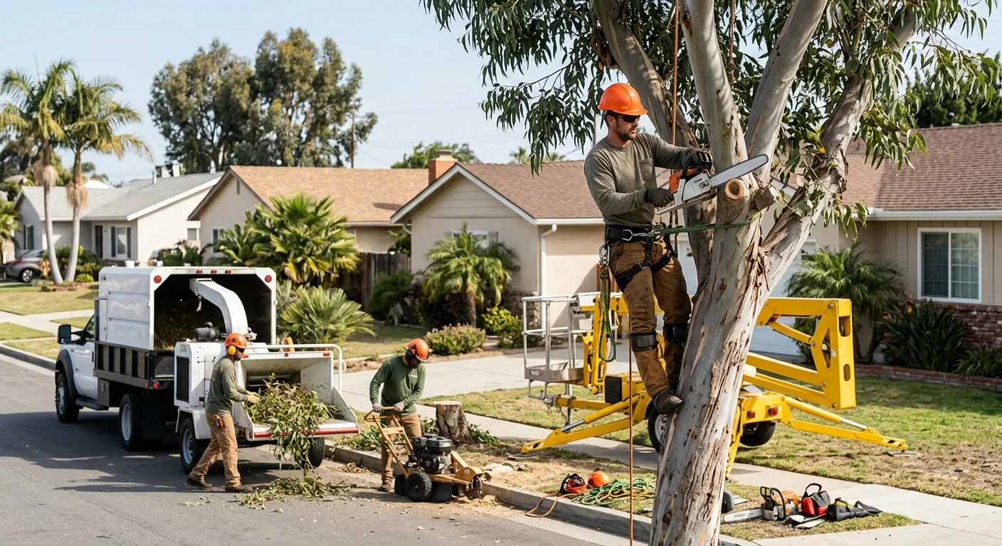 Arborist inspecting canopy health during a tree maintenance visit in Port Hueneme
