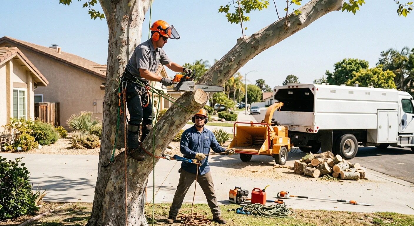 Arborist placing a young tree into prepared soil on a Port Hueneme property