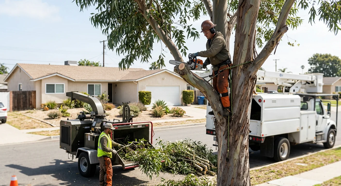 Arborist positioning a young tree root ball in prepared soil at a Port Hueneme yard