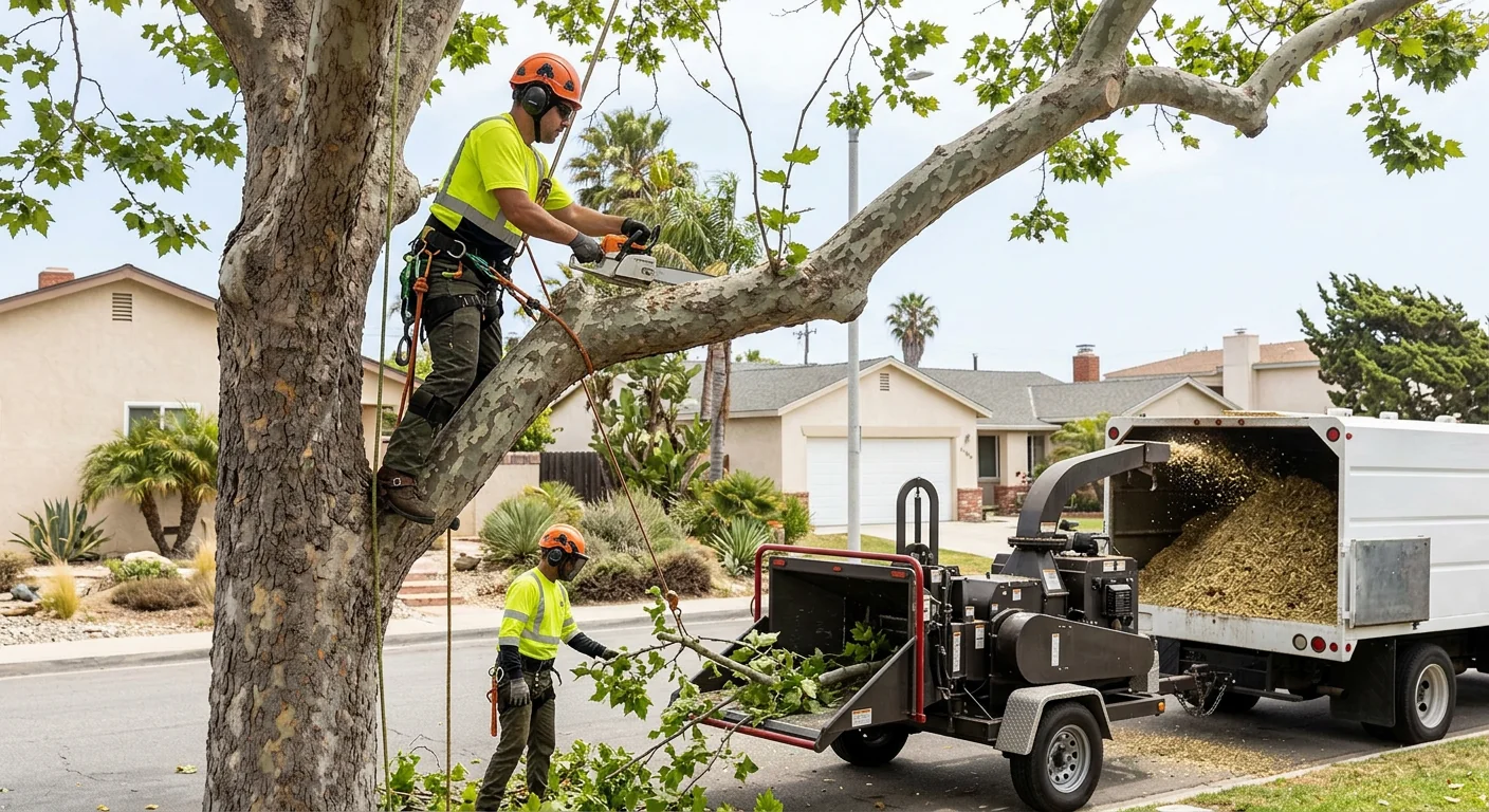 Arborist positioning a young tree in prepared soil on a coastal Port Hueneme property