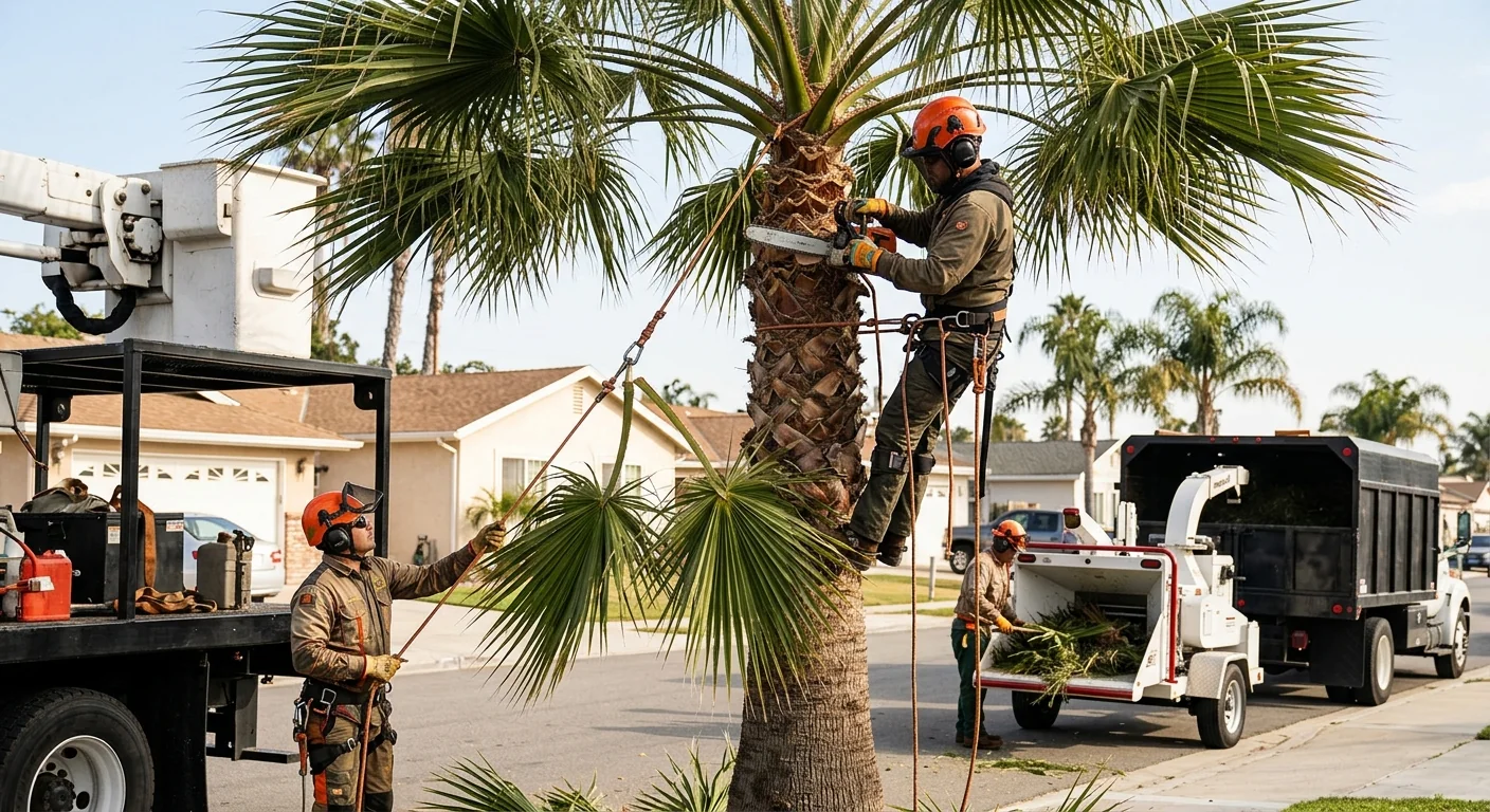 Crew reviewing a written pruning estimate beside equipment at a Port Hueneme property