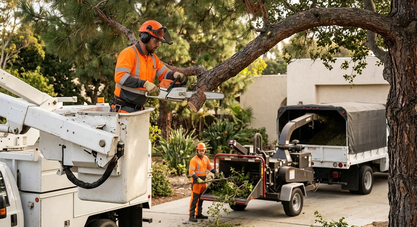 Arborist inspecting an overgrown canopy with crossing limbs on a Port Hueneme property
