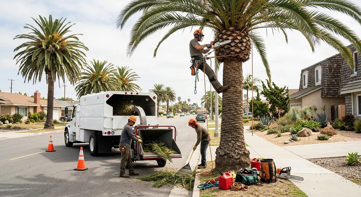 Pruning crew making precise branch-collar cuts on a mature tree in Port Hueneme
