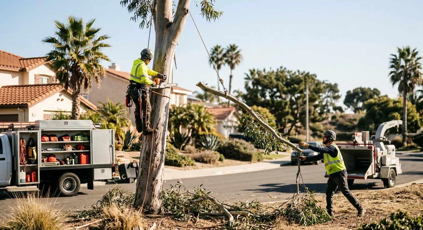 Crew evaluating a large tree for removal pricing on a Port Hueneme lot