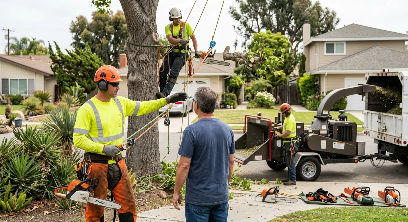 Arborist reviewing a removal plan beside a mature tree in a Port Hueneme yard