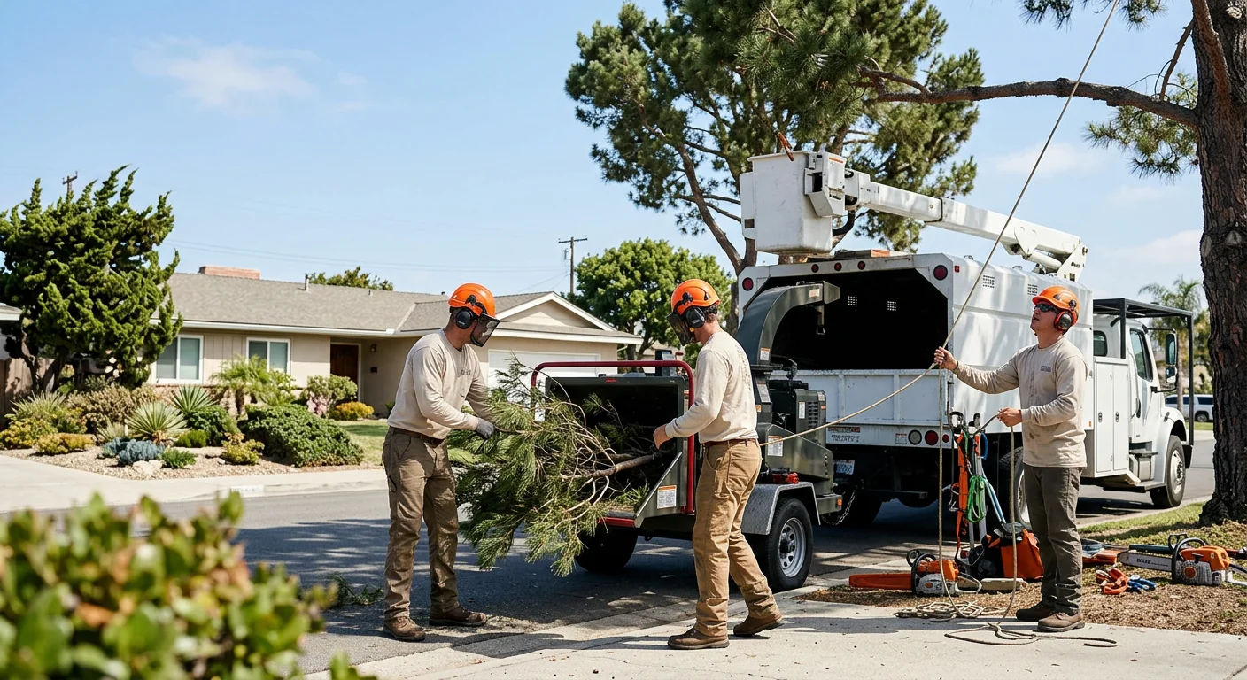 Arborist inspecting a leaning decayed tree marked for removal in Port Hueneme yard