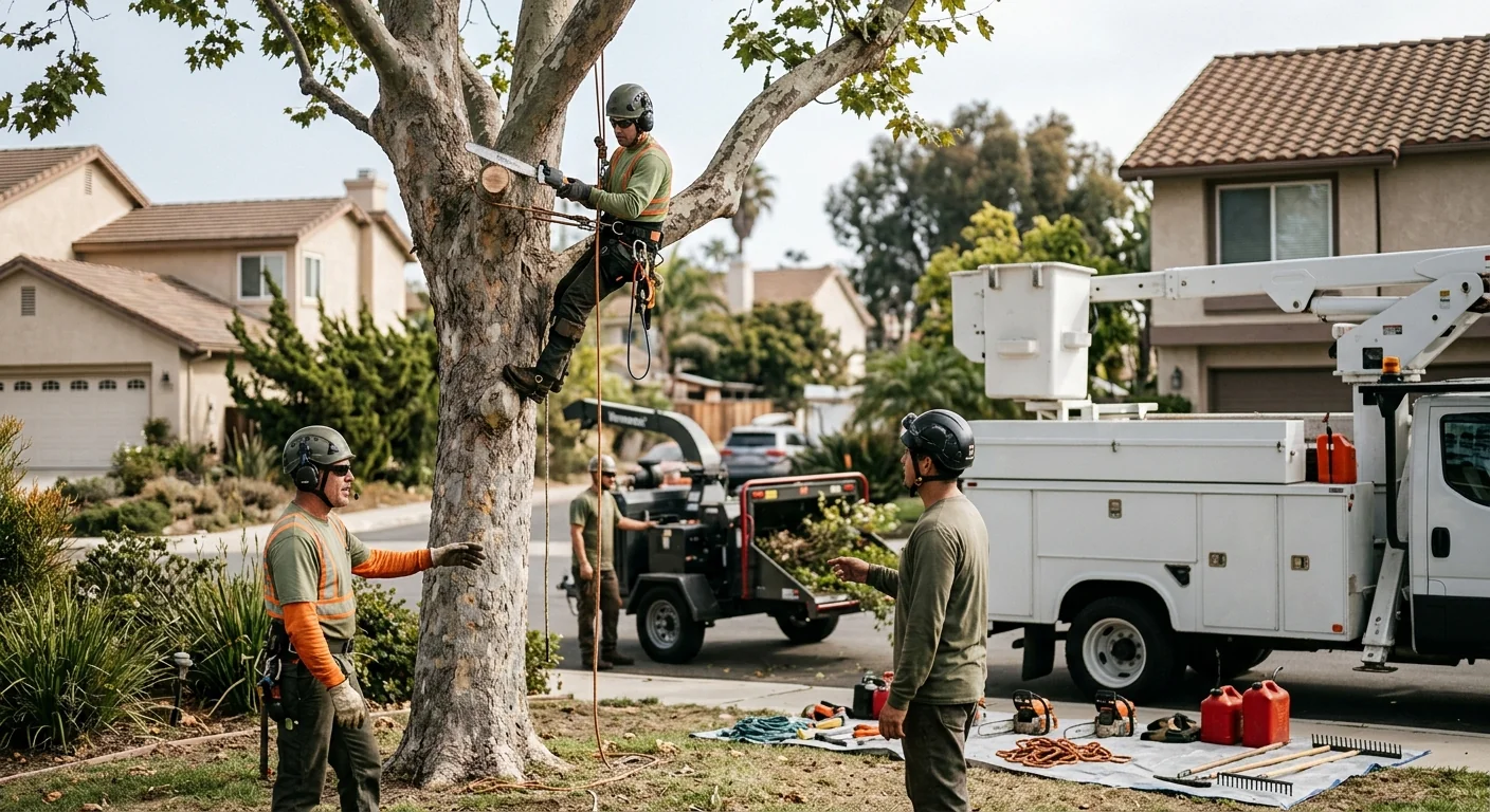 Tree removal crew operating a crane to lift a large trunk section safely