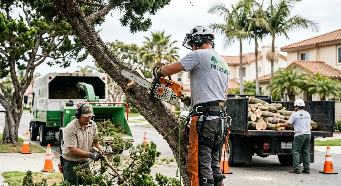 Arborist reviewing a written tree risk report on a Port Hueneme property