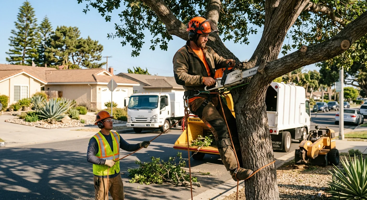 Arborist inspecting a mature tree trunk during a risk assessment in Port Hueneme