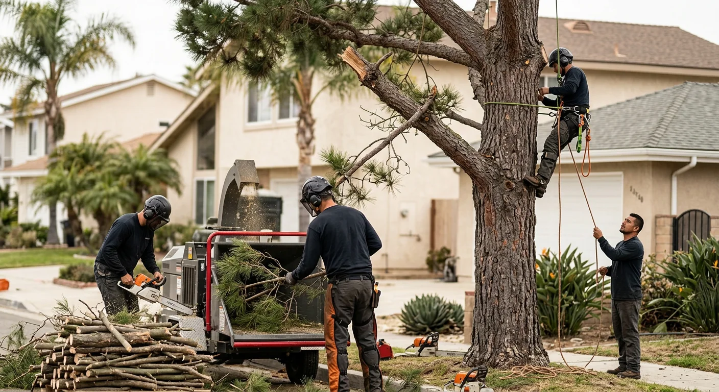 Arborist inspecting a leaning tree with visible root heave near a Port Hueneme home