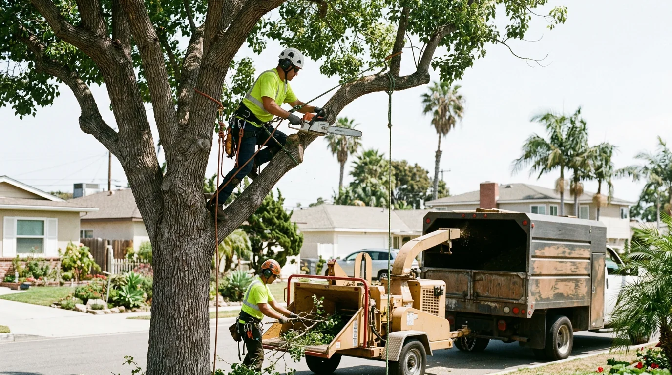Arborist reviewing pruning plan before starting work on a residential lot