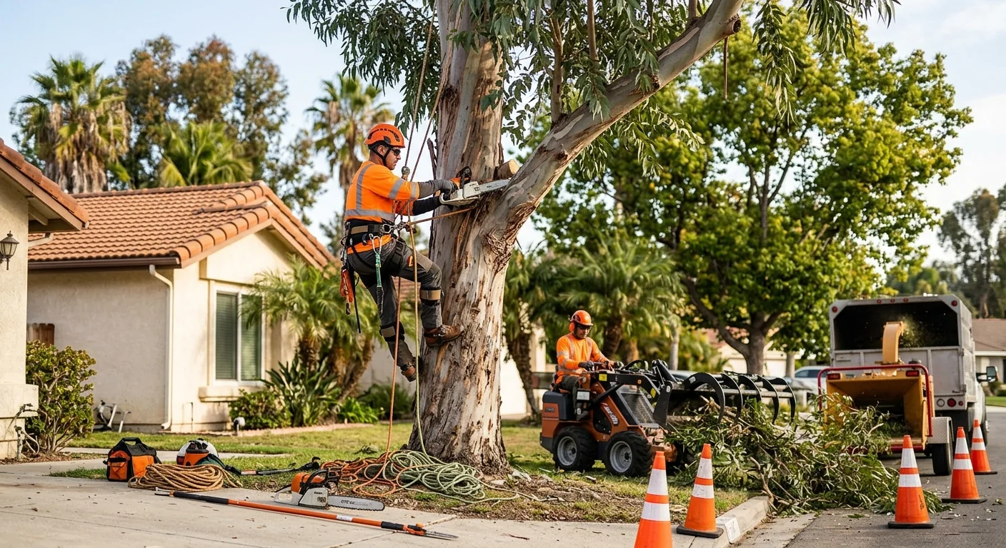 Tree crew assessing a mature coastal tree in Port Hueneme