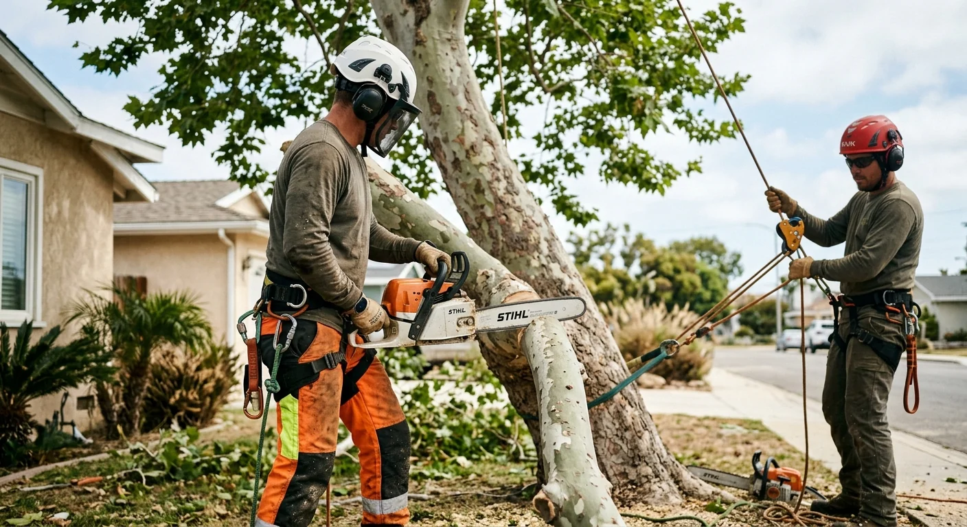 Arborist measuring a large tree during a Port Hueneme estimate visit