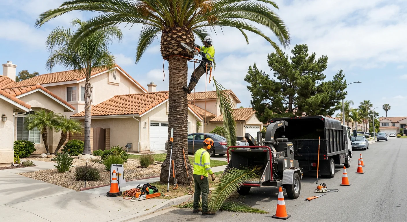 Tree service crew coordinating equipment across a Port Hueneme neighborhood job site