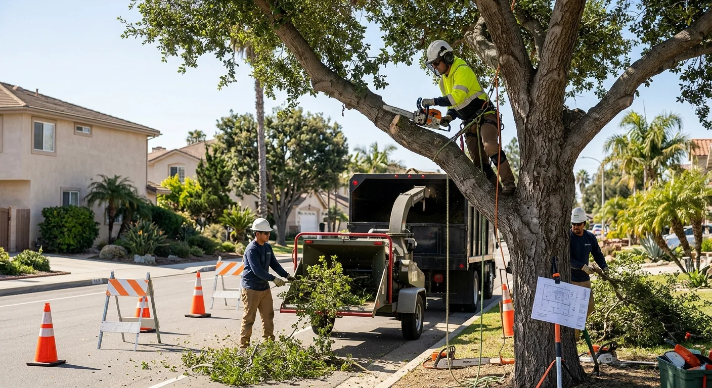 Coastal tree showing wind-driven crown dieback and weakened branch unions near a Port Hueneme home