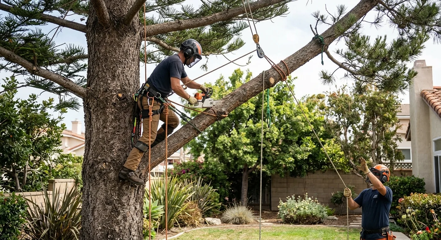 Certified arborist making a controlled rope-assisted removal cut on a coastal pine