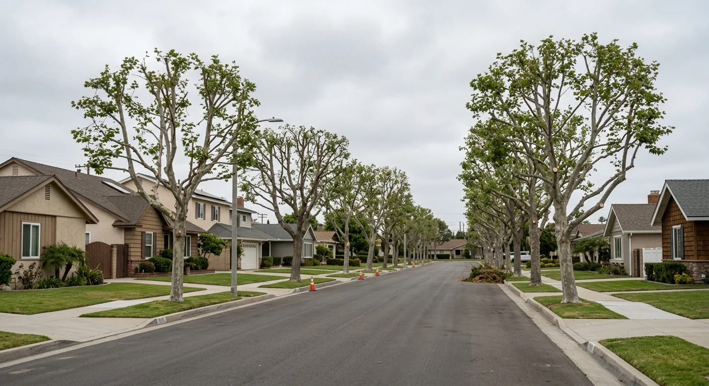 Wide view of a trimmed street of mature trees along a residential block